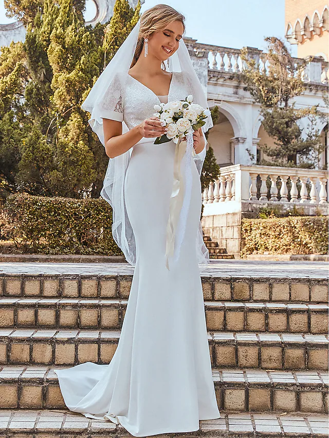 Luolandi Wedding Dresses V Neck Off Shoulder Floor Length Chiffon Short Sleeve Romantic